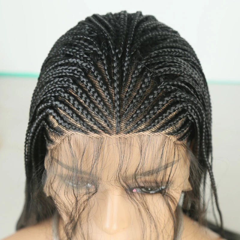 Black braided wig with a clear lace front on a neutral background