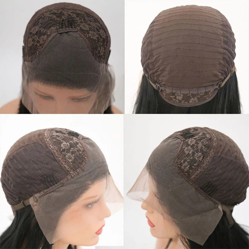 Brown lace front wig on a mannequin head with close-up views of the top and side.