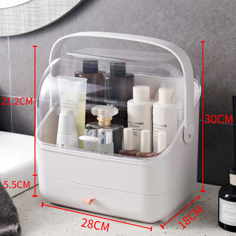 Cosmetic organizer with skincare products and dimensions marked on a neutral background