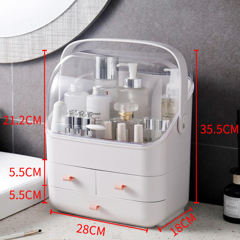 White cosmetic organizer with measurements on a bathroom counter