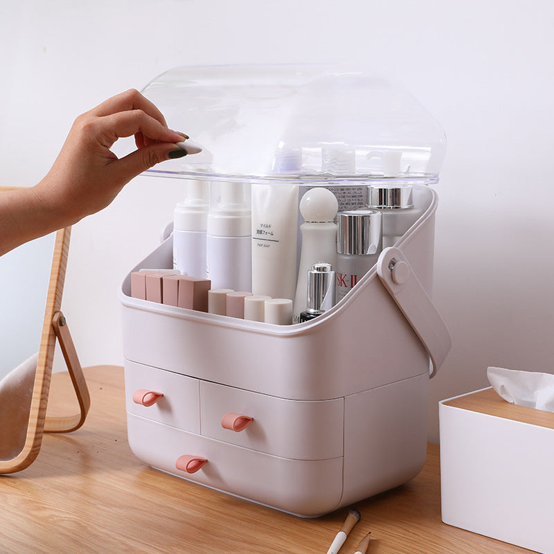 Cosmetic organizer with skincare products on a wooden surface