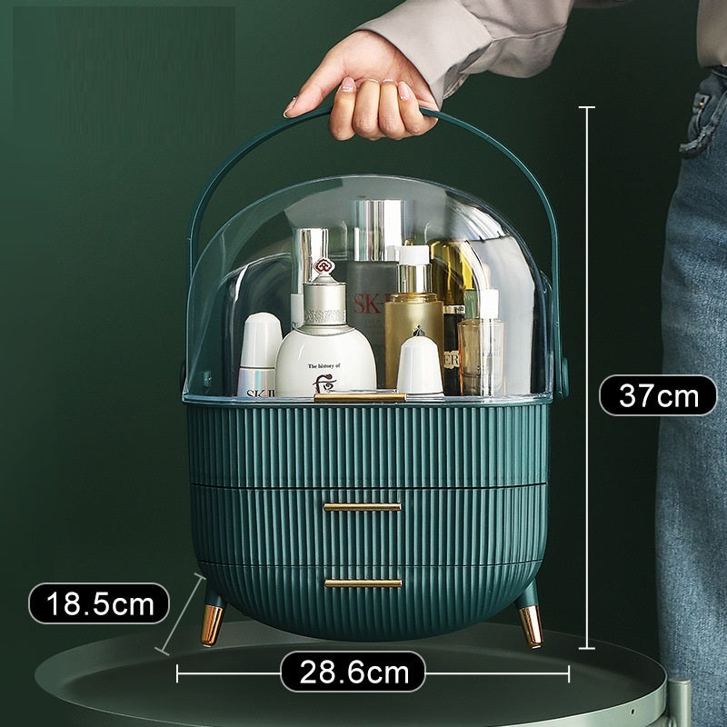 Green cosmetic bag with skincare products and measurements on a dark background