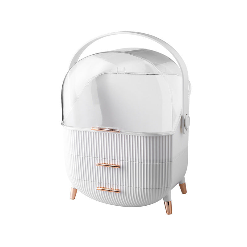 White and rose gold baby changing table with a mirror on a white background