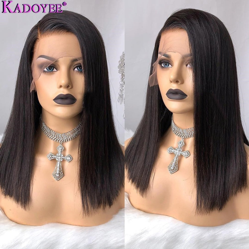 Two mannequin heads with black wigs on a white background, featuring the brand 'KADOYEE'.