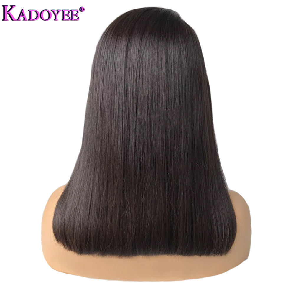 Black wig on a mannequin head with KADOYEE branding.