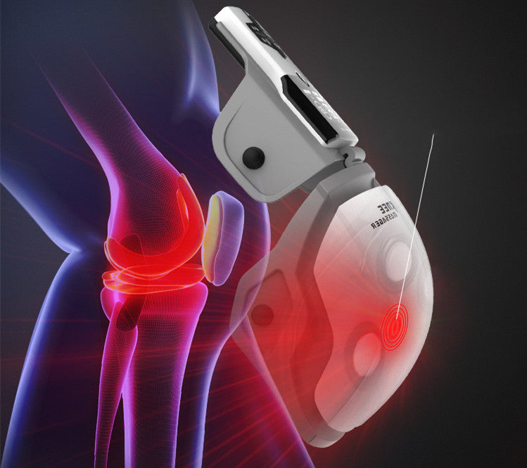 Electrotherapy device for knee pain relief with a digital display on a dark background