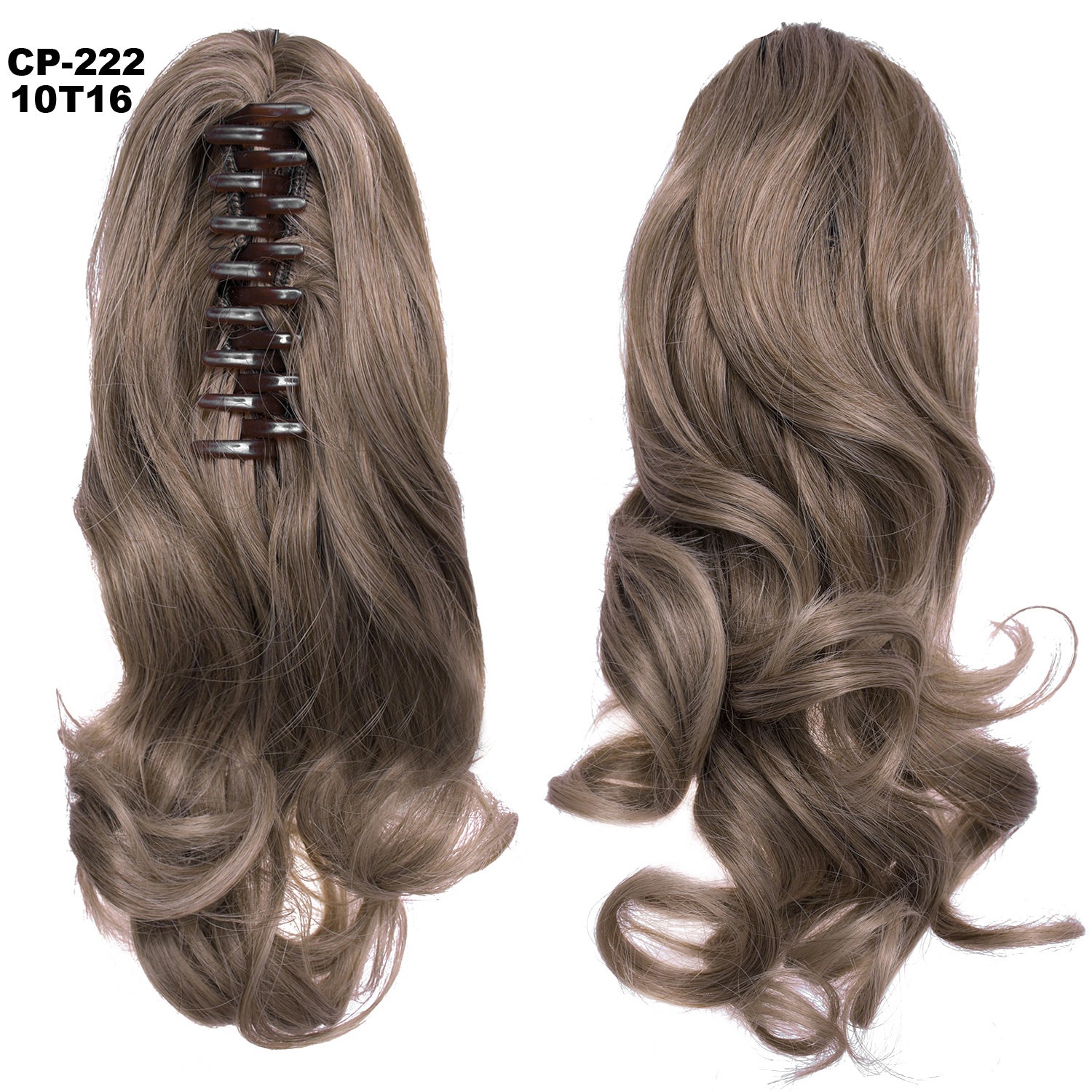 Brown hair extension with clip on the left and styled on the right against a white background