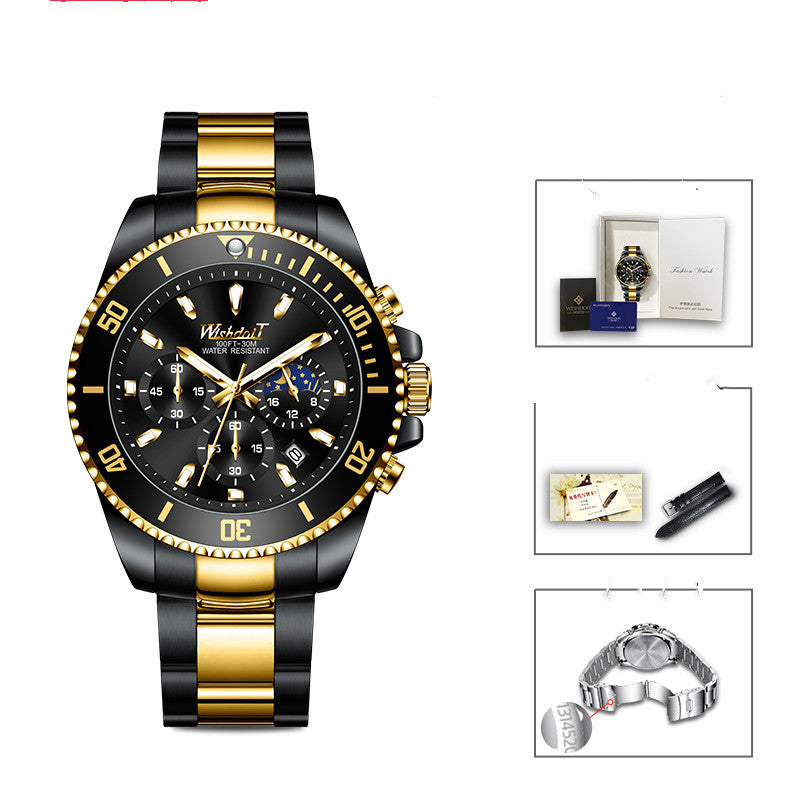 Black and gold watch with additional accessories on a white background
