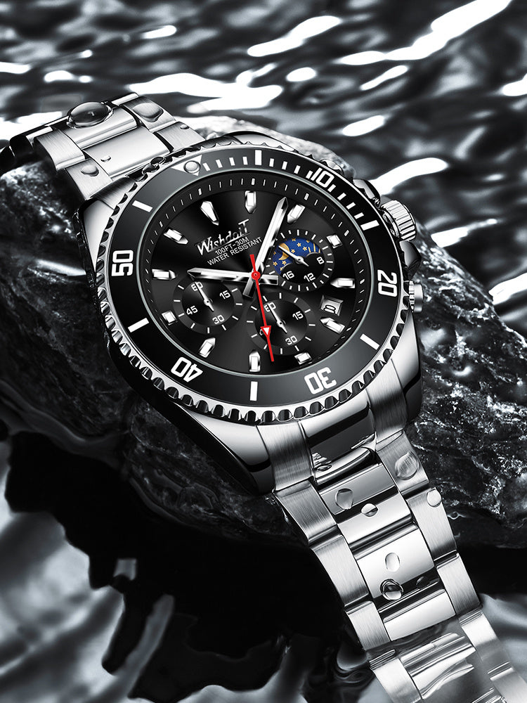 Silver wristwatch with a black dial on a textured surface