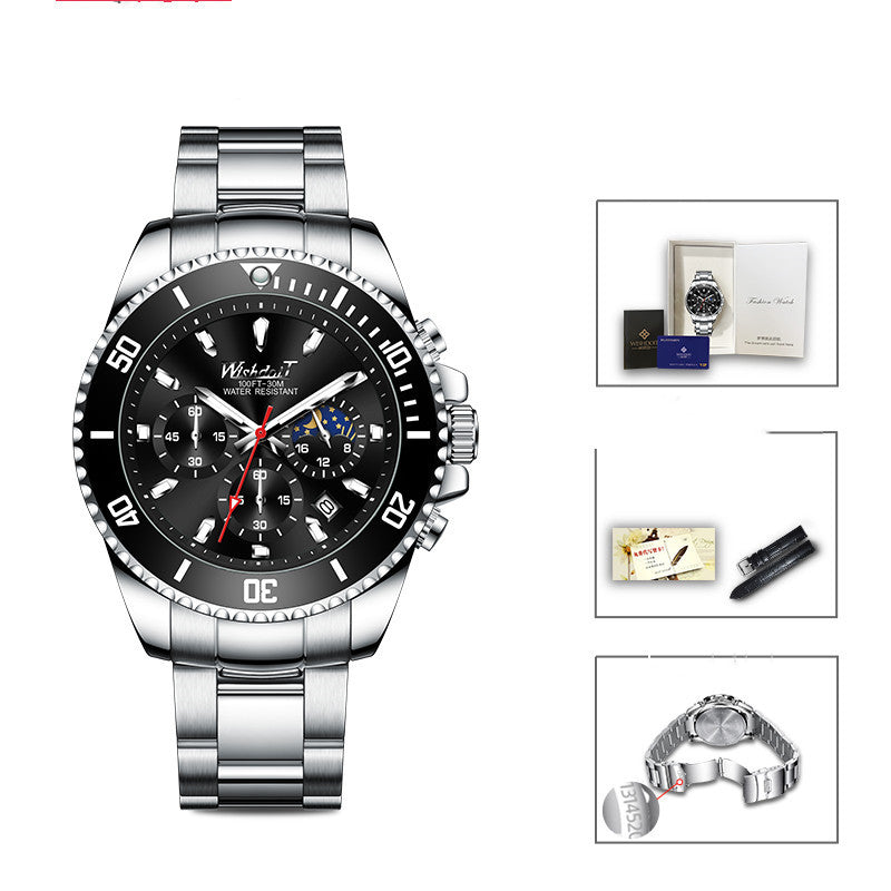 Silver wristwatch with black dial on a white background