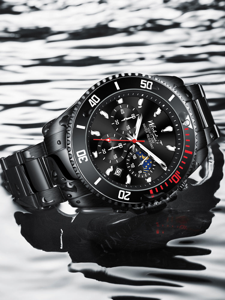Black wristwatch with detailed face on a reflective water surface