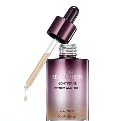 Missha Time Revolution Night Repair Probio Ampoule with dropper on a white background