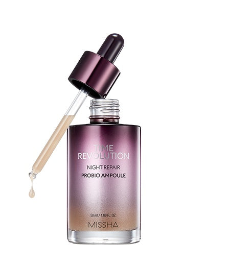 Missha Time Revolution Night Repair Probio Ampoule with dropper on a white background