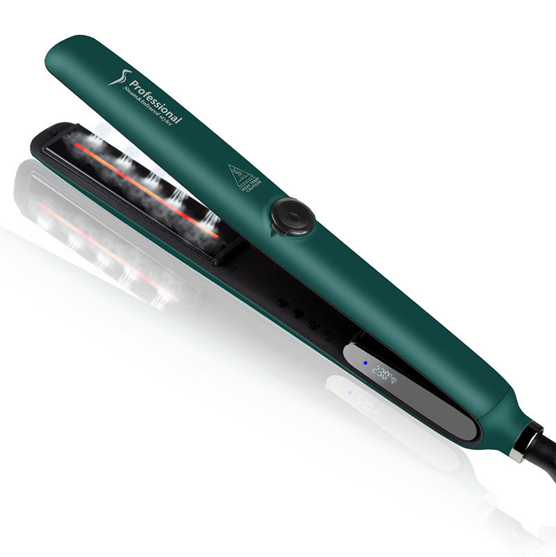 Green hair straightener with digital display on a white background