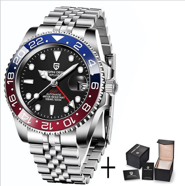 Wristwatch with a silver metal strap, black face, blue and red bezel on a white background.