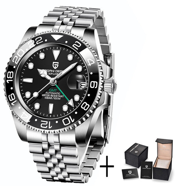 Silver wristwatch with black dial and brand logo, displayed with packaging on a white background.