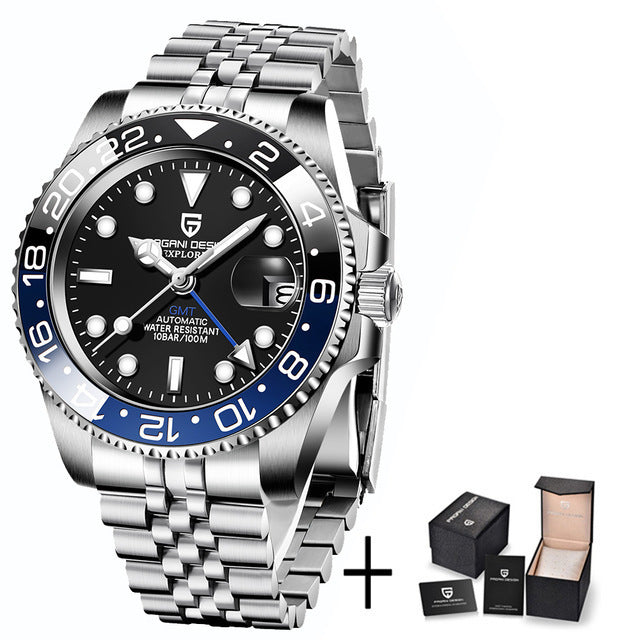 Silver watch with black and blue face on a white background