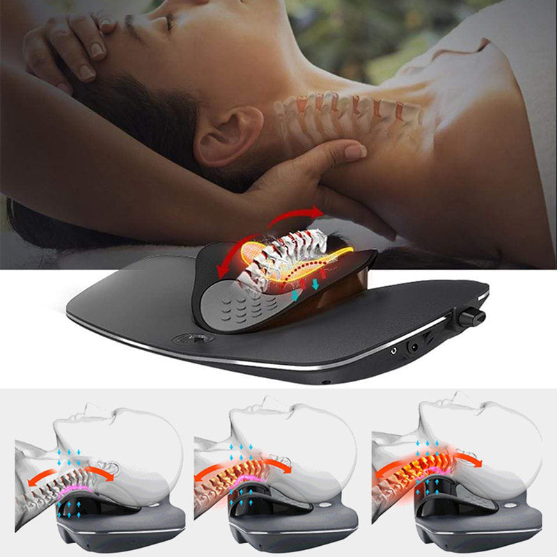 Massage device being used on a person's neck with close-up details and additional views.