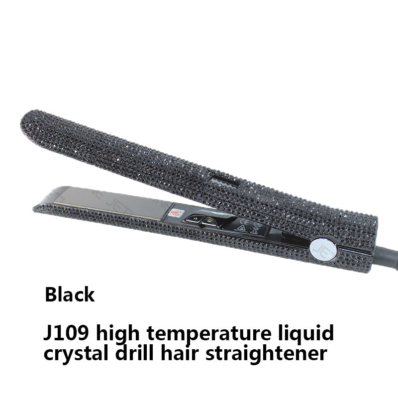 Black high temperature liquid crystal drill hair straightener on a white background