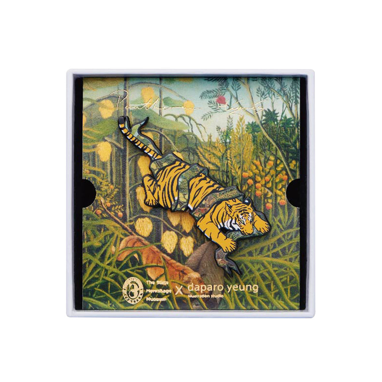 Product packaging with a tiger illustration on a white background