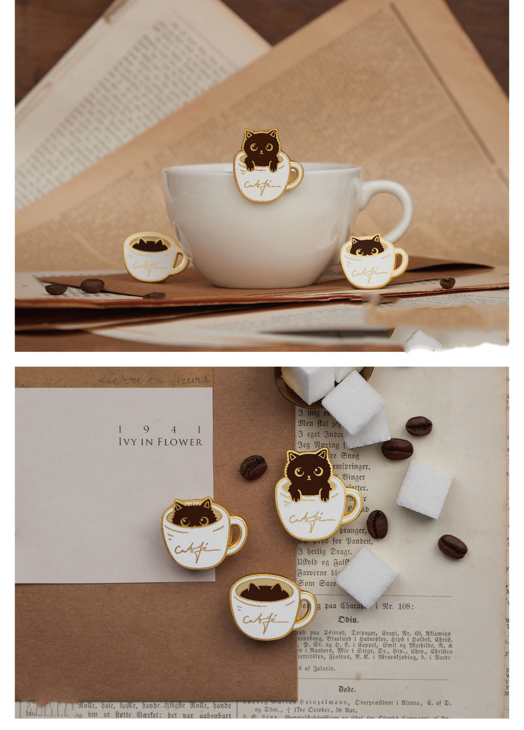 Cat-themed coffee cup and saucer pins on a surface with coffee beans and marshmallows.