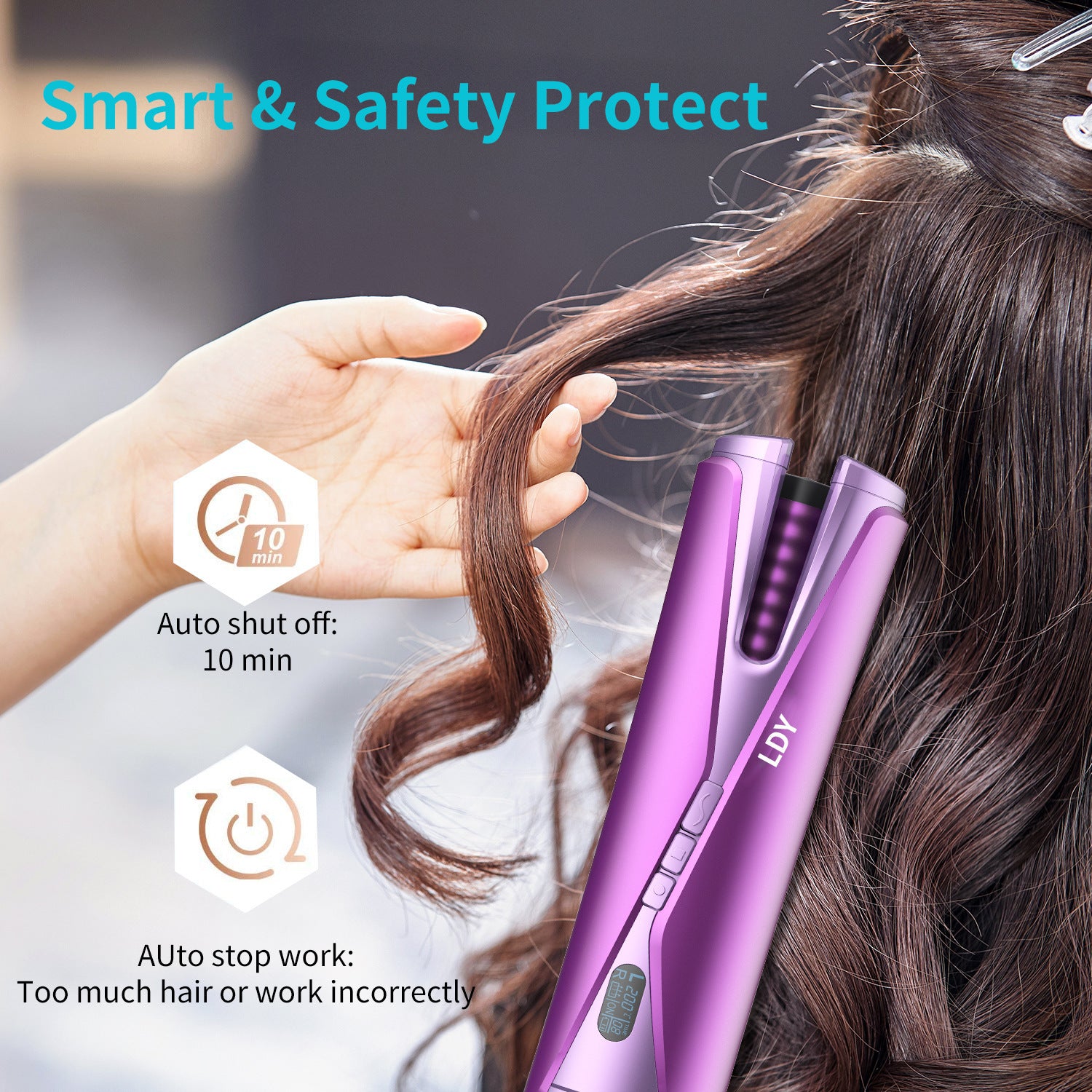 Purple hair straightener being used on hair with safety features highlighted