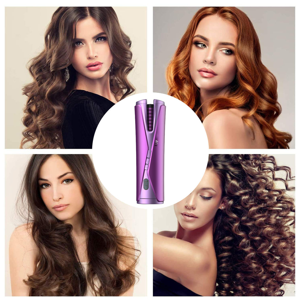 Collage of women with styled hair and a purple hair straightener.