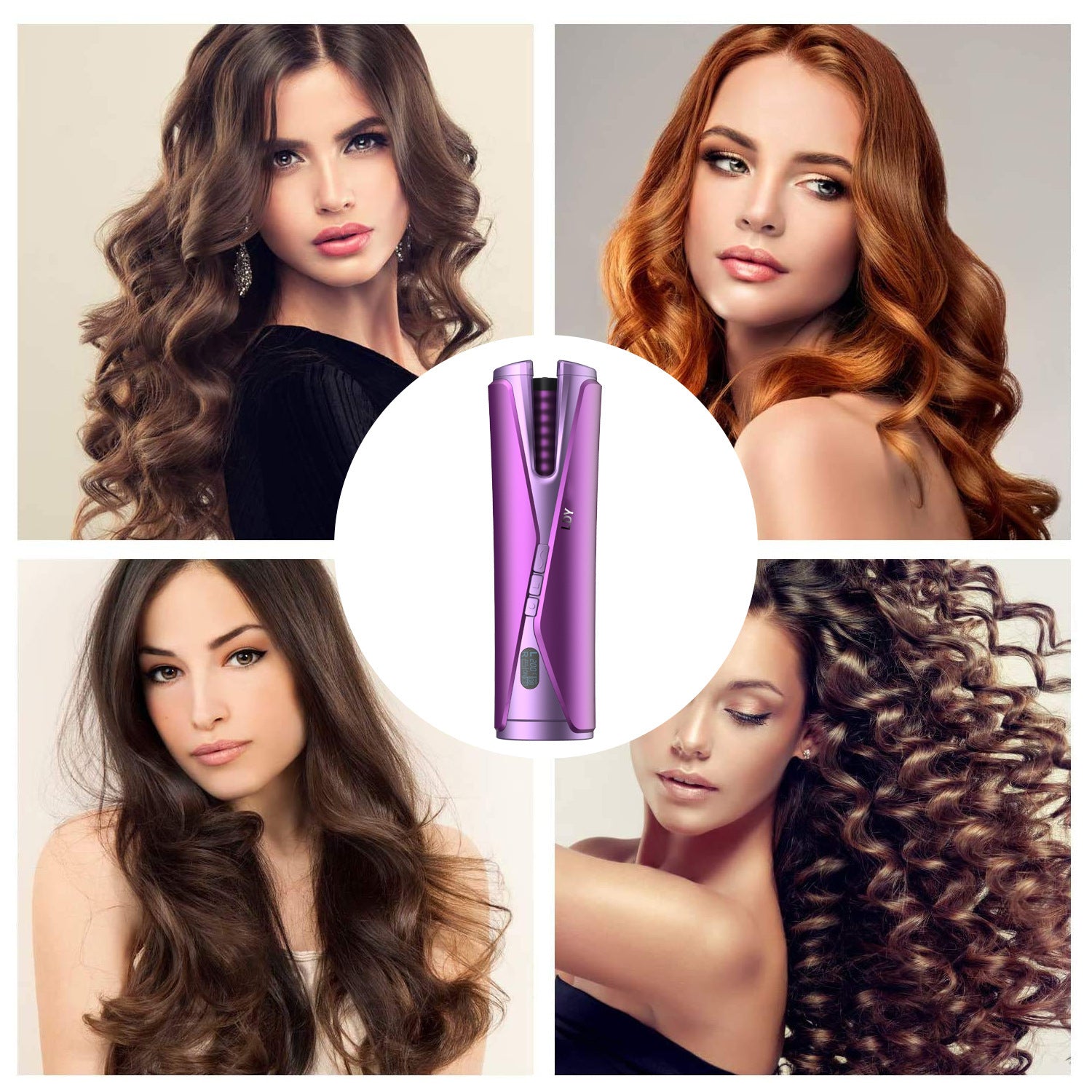 Collage of women with styled hair and a purple hair straightener.