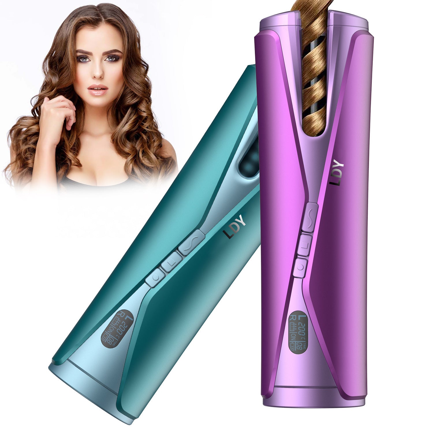 Two hair styling tools, one teal and one purple, with a woman displaying styled hair.