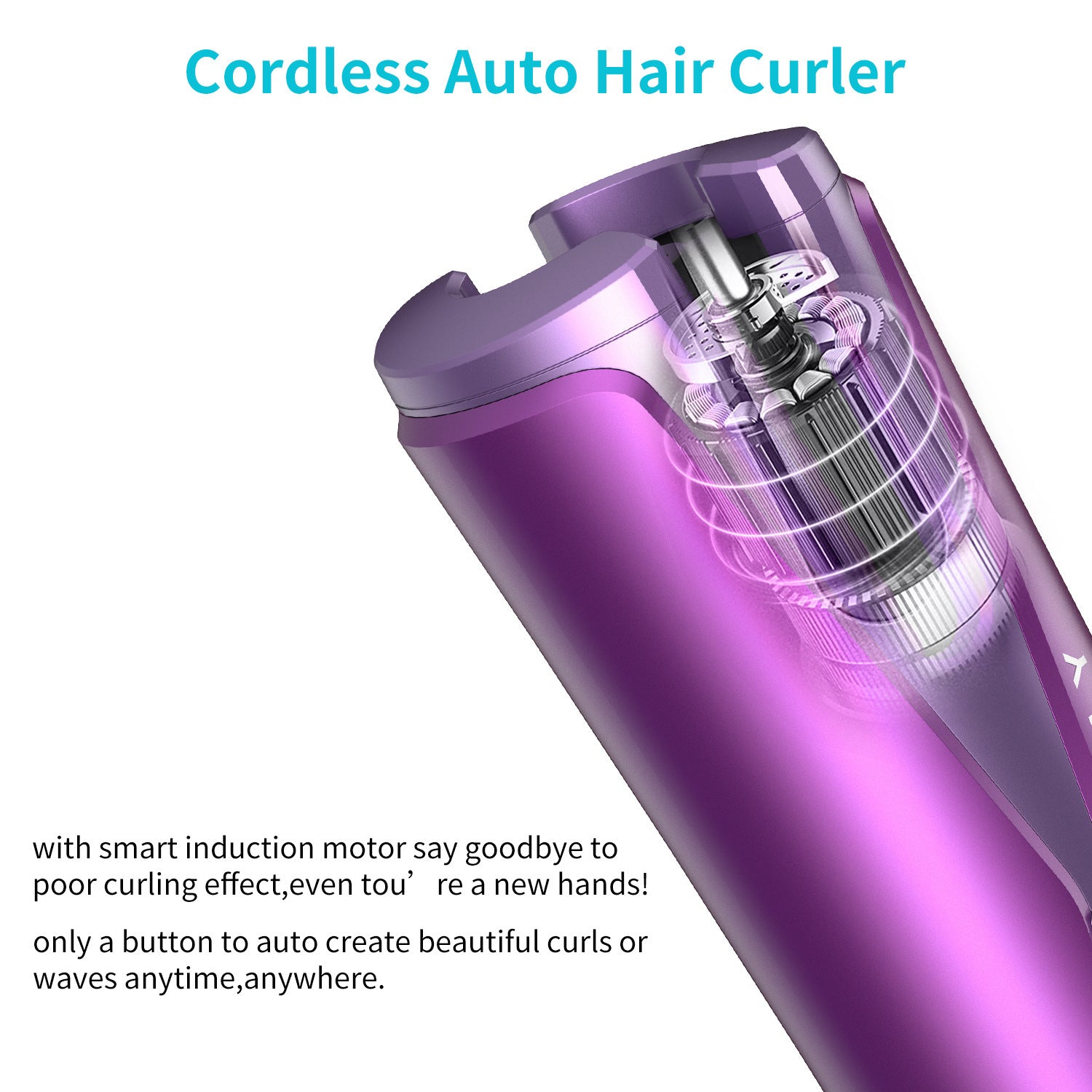 Purple cordless auto hair curler with text on a white background