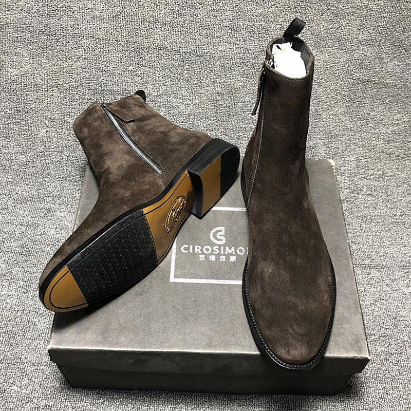 Brown suede boots on a gray box with 'CIROSIMON' branding.