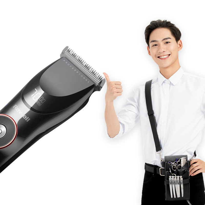 Man with a hair trimmer and tool belt on a white background
