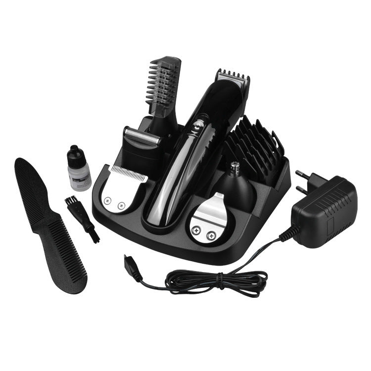 Black grooming kit with various attachments on a white background