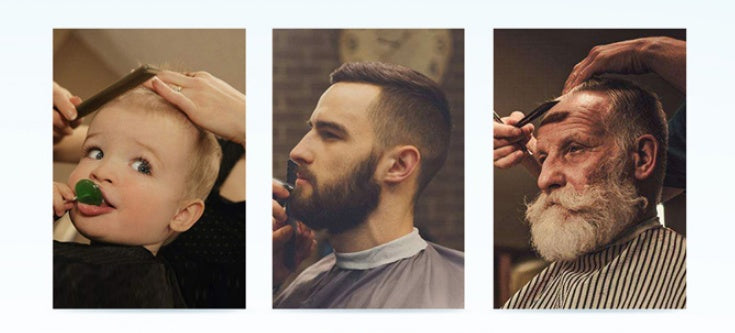 Three images showing a baby, a man with a beard, and an older man with a beard getting a haircut.