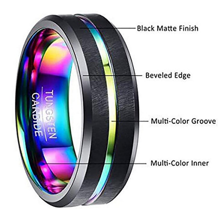 Tungsten carbide ring with rainbow gradient and black matte finish, labeled features on a white background.