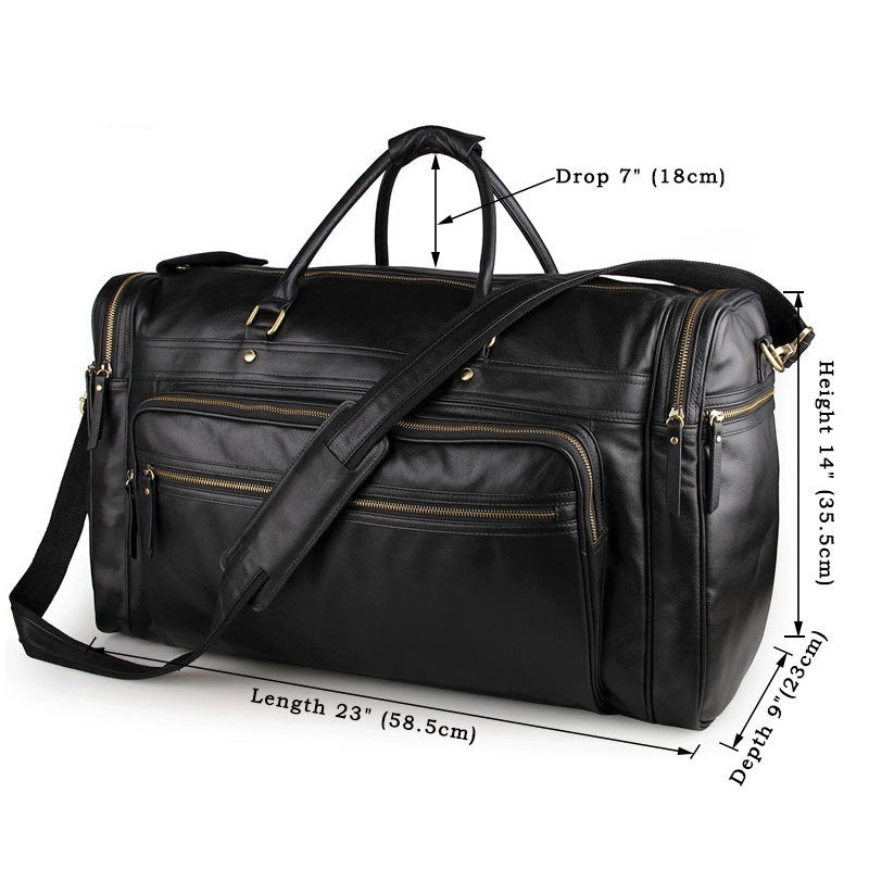 Black leather duffel bag with measurements on a white background