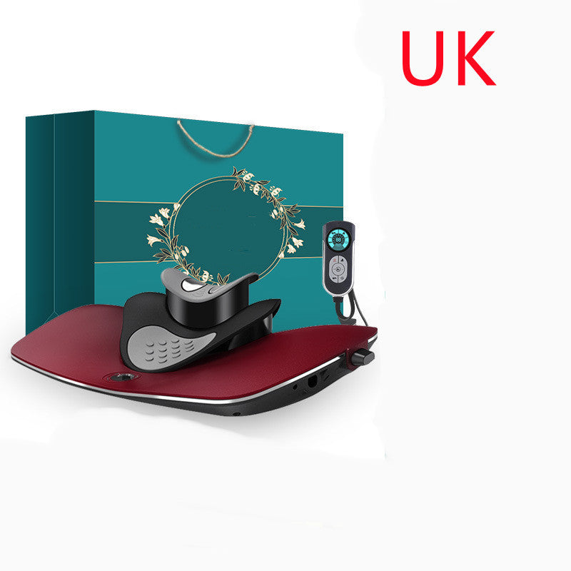 Back device with red base and black top on a white background, featuring a teal box with floral design and 'UK' text.