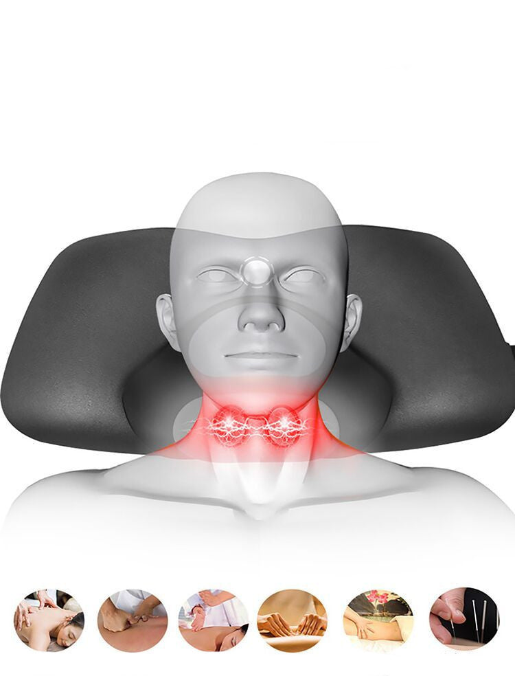 Gray neck pillow with a mannequin head showing neck discomfort, surrounded by smaller images of different people.