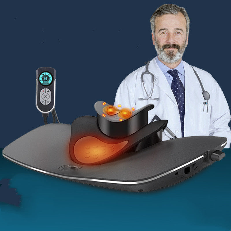 Back pain relief device with a doctor in the background on a blue gradient background