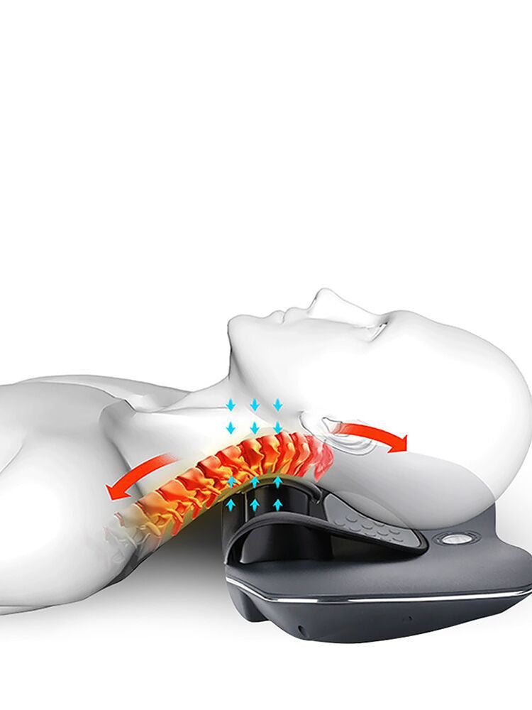 Diagram showing a neck device with a focus on the cervical spine on a white background