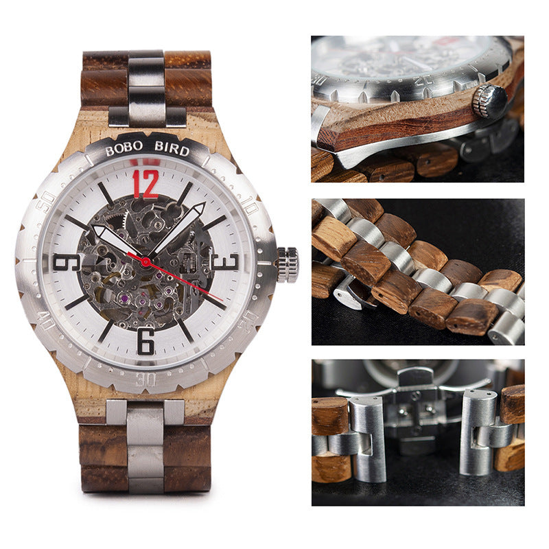 Wooden watch with metal accents and detailed design on a white background