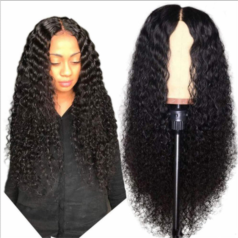 Curly hair wig on a mannequin head and a person wearing it.
