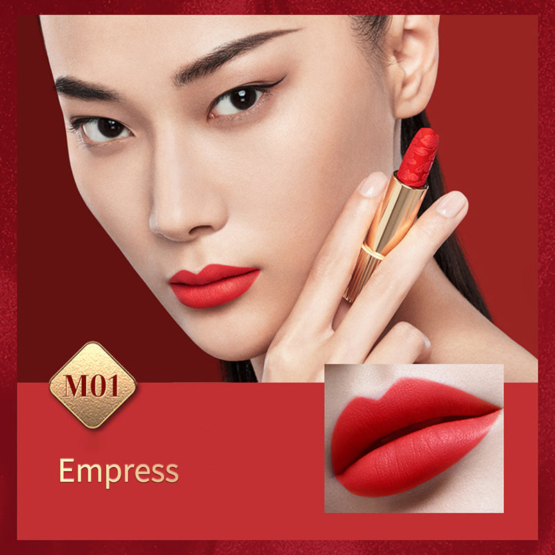 Lipstick with a close-up of lips and 'Empress' label on a red background