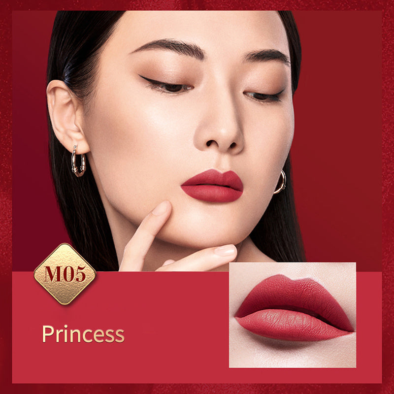 Lipstick color swatch with a close-up of lips labeled 'Princess' on a red background