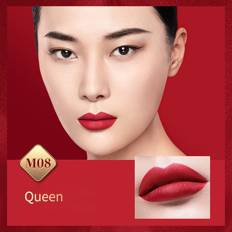 Lipstick advertisement with a close-up of lips and product detail on a red background