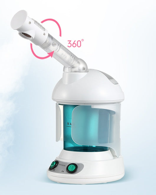 White facial steamer with a blue liquid container on a light blue background