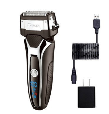 Electric shaver with charging cable and adapter on a white background