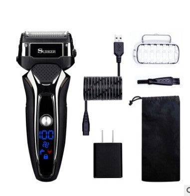 Electric shaver set with charging cable, cleaning brush, and travel pouch on a white background