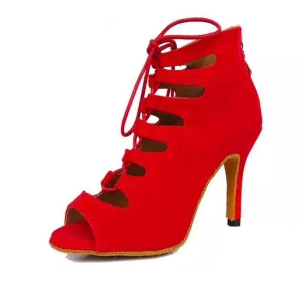 Red high-heeled shoe with cut-out design on a white background