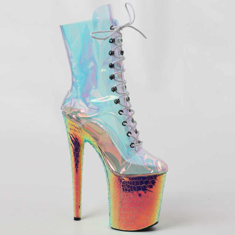 Holographic high-heeled platform boot on a white background